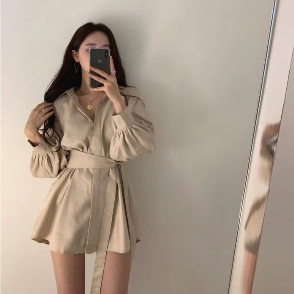 YesStyle Long Sleeve Sashed Mini Shirtdress + Wide Leg Shorts